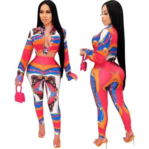 Fashion Printed Two Piece Set For Women Long Sleeve Turndown Collar Button Shirt + Skinny Pants Birthday Outfits Sexy Streetwear