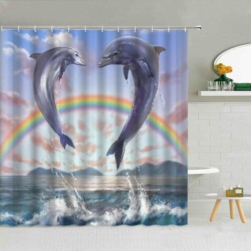 Dolphin Couple Love Rainbow Shower Curtain Set Ocean Underwater Wild Animal Blue Sea Scenery Waterproof Bathroom Decor Curtains