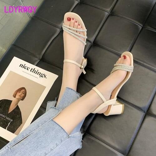 LDYRWQY 2021 new womens all-match with diamond summer mid-heel buckle fashion ladies Korean hollow sandals