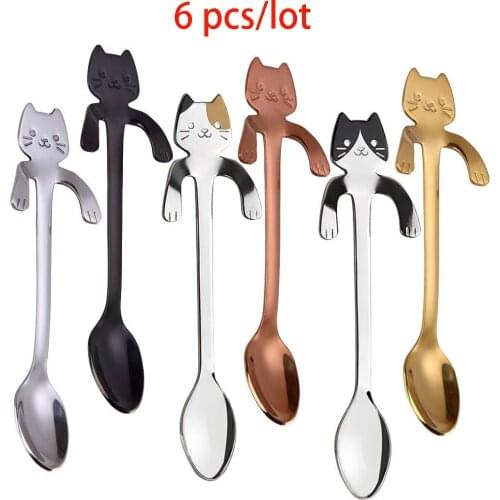 Cute Cat Shaped Spoon 304 Stainless Steel Long Handle Coffee Spoons Flatware Hanging Cartoon Handles Drinking Kitchen Tools 6Pcs