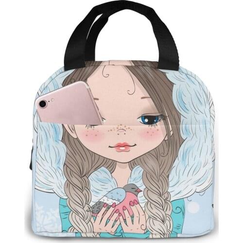 Cute Winter Girl With Bird Cooler Bag Portable Zipper Thermal Lunch Bag Convenient Lunch Box Tote Food Bag