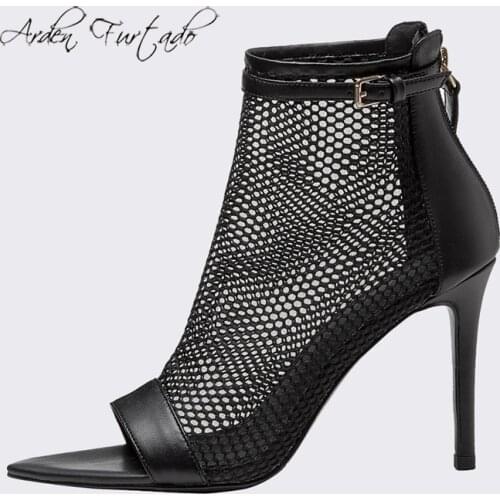 Arden Furtado Summer Fashion Womens Shoes Elegant Genuine Leather Back Zipper Mesh Boots Short Boots Stilettos Heels 40