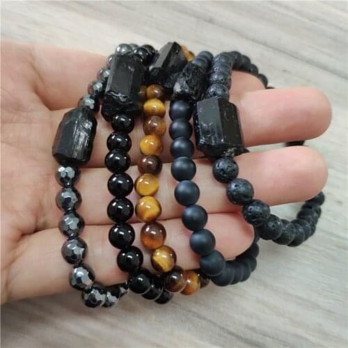 Natural black raw rough tourmaline tourmli mineral energy healing stone tiger eye onyx hematite beaded bracelets for man women