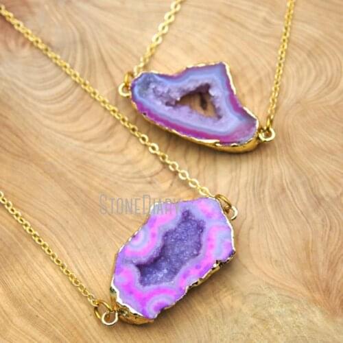 10Pcs Gold Plating Free Form Chains Necklaces Fushia Agates Geode Druzy Chains Necklaces 18-32inch NM15680