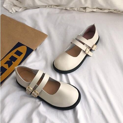 2020 new solid color round head retro fashion wild classic flat shoes women Buckle Strap Casual creamy-white black W33-12