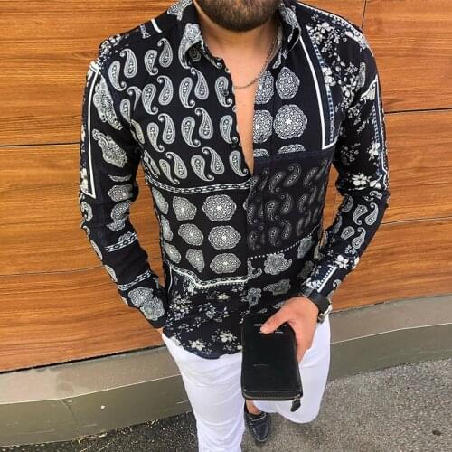 2021 Autumn New Vintage Print Long Sleeve Shirts For Men Fashion Buttoned Tops Mens Turn-down Collar Slim Dress Shirt Streetwear