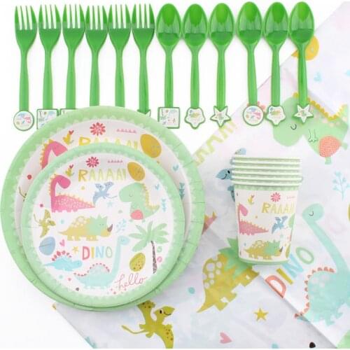 31Pc/Set Cartoon Dinosaur Theme Disposable Tableware Baby Birthday Decoration Shower Fork Spoon Plate Cups Napkin Party Supplies