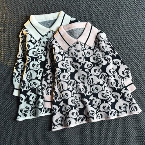 Girls Panda Princess Dress Autumn Winter Kids Girl Korean Lapel Pullover Dresses 2-6 Years Children Fashion Knitted Clothes