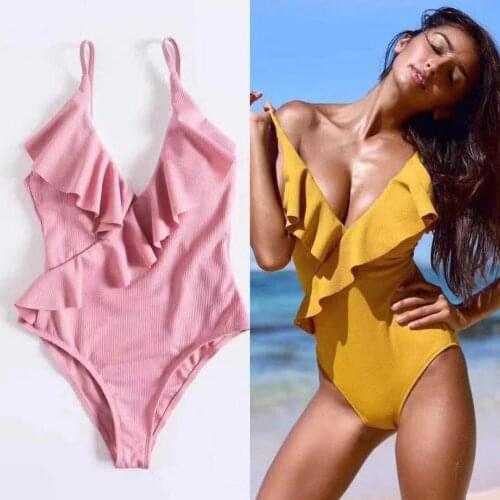 Sexy Flashing One-piece Swimsuit Ladies Sexy V-neck Solid Color Multicolor Bikini Fashion Shoulder Slimming Ruffled Swimsuit