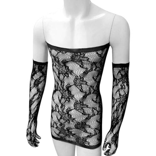Floral Mesh See Through Lingerie Set Underwear With Gloves Mini Sheath Dress Bodystocking Sissy Bodysuit Sleepwear