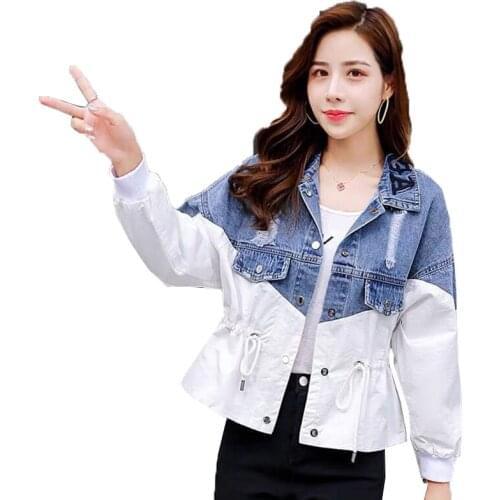 Women Denim Jacket New 2021 Spring Autumn Cowgirl Outerwear Long Sleeve Stitching Loose Waist Drawstring Short Female Coat Top