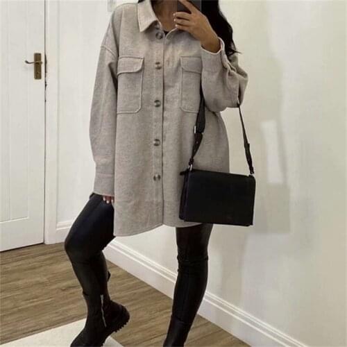 Women 2021 Fashion Pure Color Wool Loose Jacket Coat Vintage Long Sleeve Pockets Female Outerwear Chic Tops