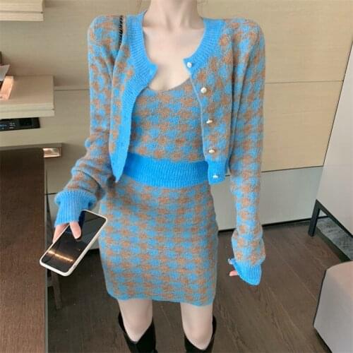 Korean Sweet Plaid 3pcs Womens New O Neck Single-Breasted Long-Sleeve Loose Sweater With Short Strap Vest Three-Piece Set Skirt