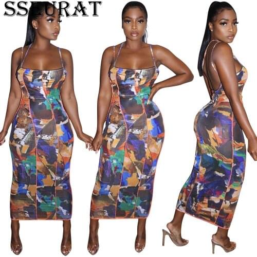 SSEURAT Print Backless Sleeveless Bodycon Midi Dress for Women Sexy Night Party Streetwear Pencil Dresses