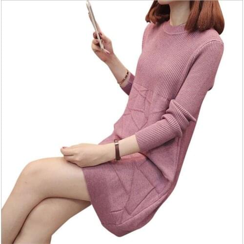 Long Sleeve Women Winter Sweater Mini Dress 2019 O-Neck Fashion Women Knitted Pullovers Loose Mini Dress Bottom Sweater Top Q875