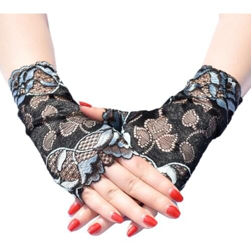 1 Pair Women Summer Thin Sunscreen Hollow Fingerless Gloves Jacquard Floral Lace Contrast Color Dance Party Mittens