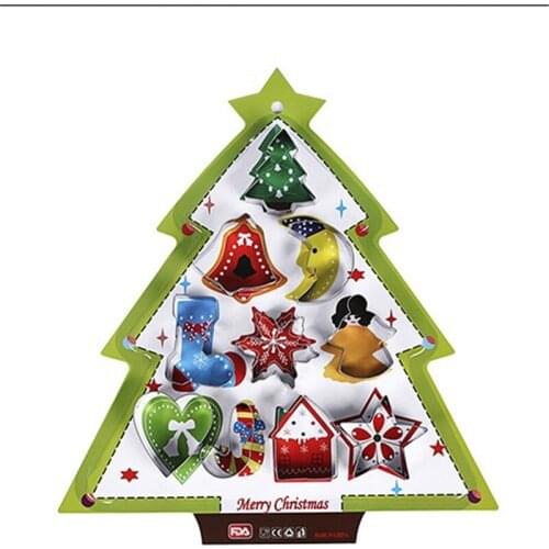 10pcs/set Christmas Cookie Cutters Cake Mould Mold Tree Star House Bells Snowflake Biscuit Bakeware Tool Stainless steel Ma