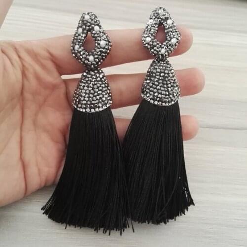 Bohemia Boho Pave Setting Rhinestone Cap Studs Charms With Black Fabric Silk Thick Tassel Long Drop Dangle Earring For Women