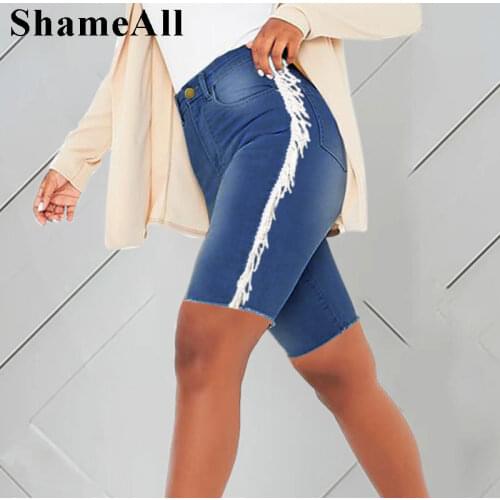 Plus Size Side Tassel Patchwork Denim Capris 4XL Summer Super Stretchy Skinny Indie Women Knee Length Distressed Jeans Bermudas