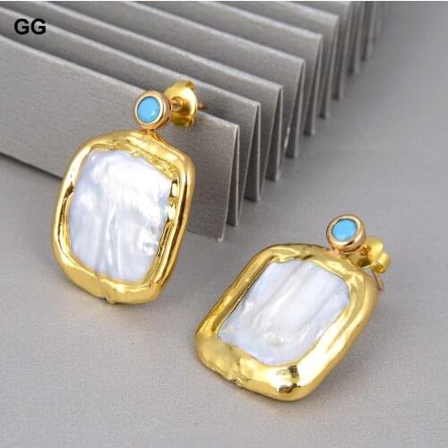 GuaiGuai Jewelry Freshwater Cultured White Biwa Rectangle Pearl Cubic Zirconia Pave Gold Color Plated Stud Earrings For Women