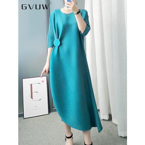 GVUW Long Soft Famous Brand Pleated Dark Blue Dresses Abayas Hot Issey Miyake Pleats Dress High Quality 2021 New Halaa KB7154
