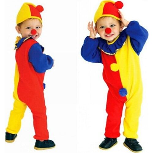 Carnival Childrens day Kids Baby Boys Clown Cosplay Costume Jumpsuits & Rompers+Hat+Nose Halloween Performance Family Party