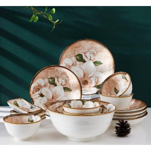 Nordic Retro Camellia Ceramic Bowl Tableware Household Soup Bowl Rice Bowl Creative Dessert Dish Plate Bowl Set