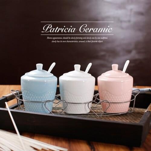 Ceramic Bone China Caster Salt Sugar Pot Set (3 Pcs) with Engraving Pattern for Kitchen Cooking