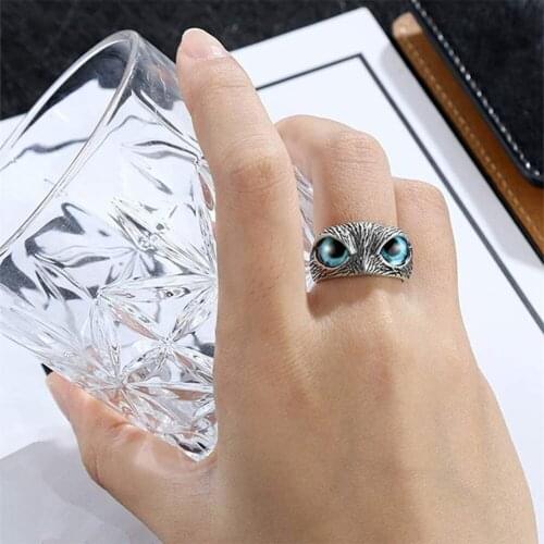 Blue Eyes Owl Ring for Women Girl Man Couple Vintage Gothic Animal Open Adjustable Ring Statement Rings Jewelry Gift
