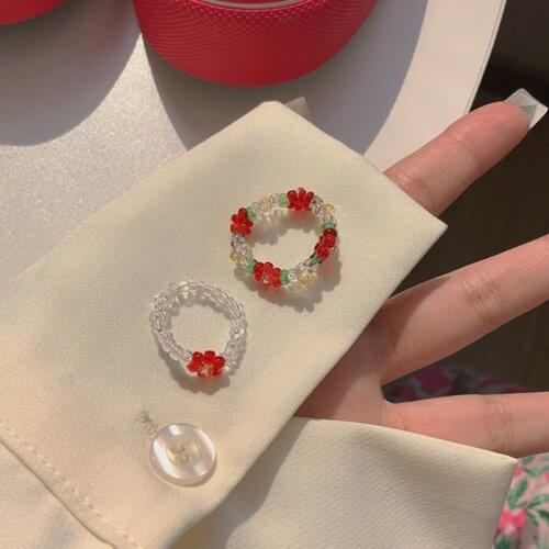 HUANZHI 2021 New Lovely Summer Sweet Korean Transparent Beads Red Flowers Rings for Women Party Vacation Jewelry Gifts
