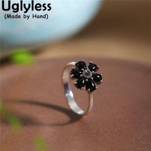 Uglyless Natural Agate Garnet Sunflower Rings for Women Romantic Floral Jewelry Genuine 925 Sterling Silver Fashion Dress Rings