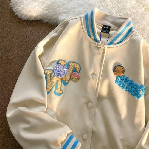 Korean Chic Streetwear Embroidery Women Jackets Vintage Harajuku Ulzzang Oversize Jacket Japanese Preppy Style Female Coats