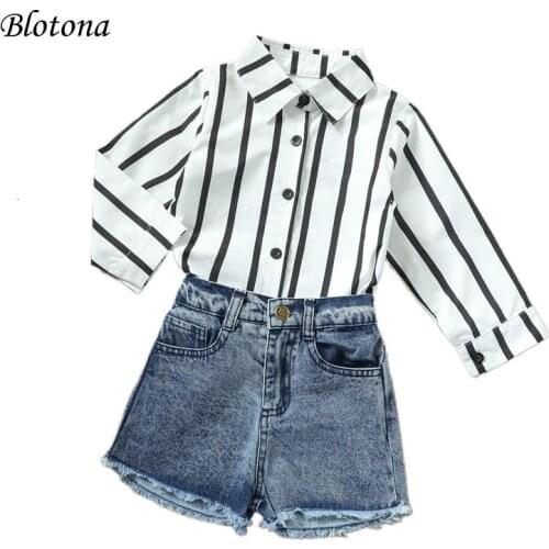 Blotona 2Pcs Kids Summer Fashionable Tracksuits, Striped Long Sleeve Buttons Shirt + Denim Shorts for Girls, 18Months-6Years