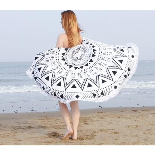Indian Bohemia Design Printing Round Beach Towel Microfiber Fringed Circular Picnic Mat Diameter 150cm Tapestry Tablecloth 1pc