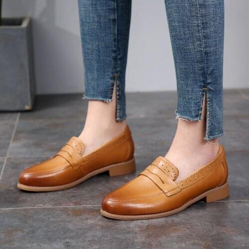 Penny Loafers Women Cowhide Genuine Leather Restro Fasion Round Toe Flats Ladies Shoes Handmade Casual Spring Autumn