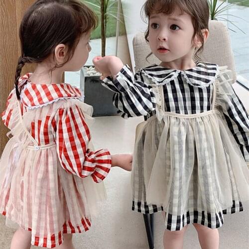 DFXD Fashion Girls Clothes Set Net Yarn Vest Dress+Full Sleeve Peter Pan Collar Striped Dress Autumn Childrens Sets For 2-7Yrs