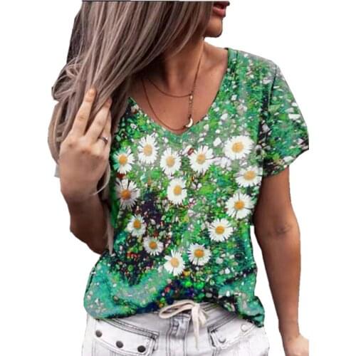 New Women Boho Floral Print T Shirt Summer Short Sleeve O-Neck Loose Casual Tops Streetwear Female Plus Size Tee Fashion Vintage