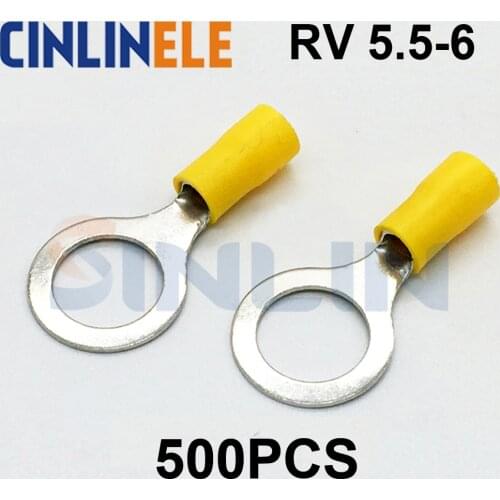 500pcs Crimp Terminal RV5.5-6 12-10AWG 4.6-6.64mm^2 Crimp terminals Yellow Ring Terminal Brass RV5-6