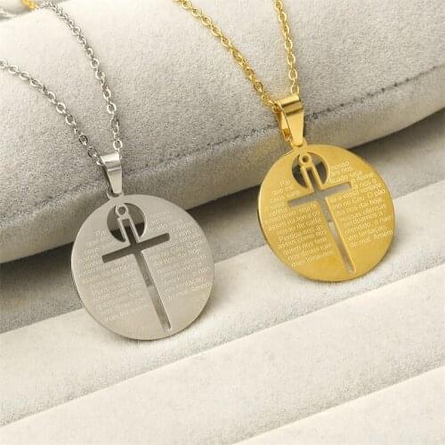 Stainless Steel Necklace Religious Titanium Steel Tag Allah Pendant Round Scripture Hollow Cross Jewelry