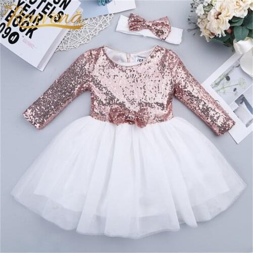 Toddlers Baby Girl’s Long Sleeves Sequins Dresses For Wedding Party Gowns Princess Girls with Holy Communion Dress + Headband