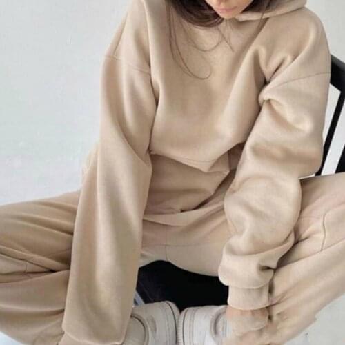 Casual Fleece Tracksuit Women Sports Solid 2 Pieces Set Sweatshirt Pants Pullover Hoodies Suit 2020 Home Sweatpants Outfits