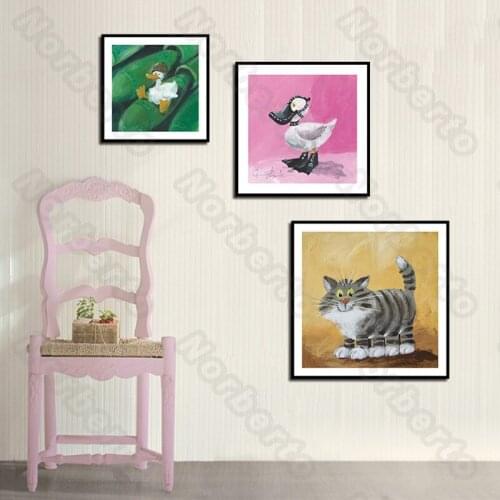 Various Cartoon Animals Canvas Painting Wall Poster Green Plants Blue Sky Old Man and Kids Taxis for Home Rooms Decoration