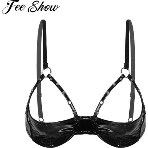 Sexy Bras for Woman Shiny Patent Leather Sissy Bra with Rivet Strap and Underwire Push Up Black Open Cups Bras Bustier Nightwear
