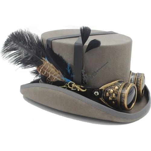 100% Wool Women Men Steampunk Top Hat With Handmade Steam Punk Glasses Gear Feather Fedora Cosplay Hat Top 13.5CM Steampunk Hat