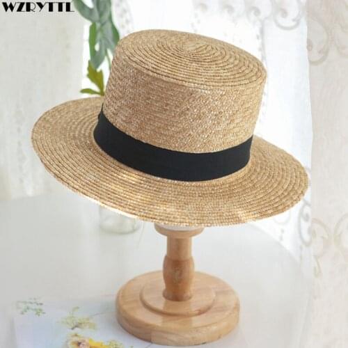 Fine Unisex Flat Height Top Hats Wide Brim Straw Hats for Women Men Summer Fedoras Black Band Derby Beach Sun Hat