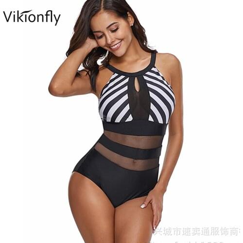 Vikionfly Plus Size Sexy One Piece Mesh Swimsuit Women Padded Push Up Swimwear Large Size Bathing Suit Swimming Suit For Ladies