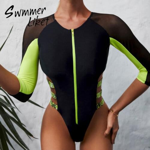 Sports one piece swimsuit female Patchwork monokini Long sleeves swimwear women Zipper Bathing suit Sexy thong bodysuit new set