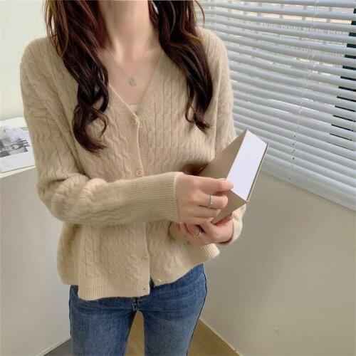 Twist-striped sweater coat womens autumn and winter 2021 new style Japanese outer wear knitted cardigan solid color v-neck top