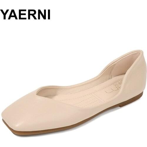YAERNI 34-43 shallow moccasins comfortable women leisure lace-up sneakers concise ballerina flats retro square toe grandmother