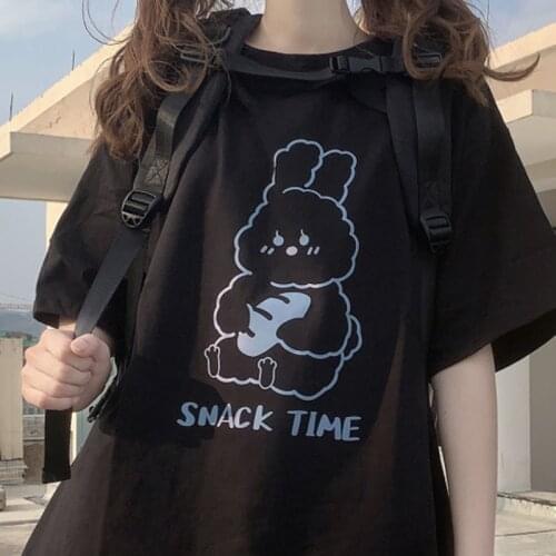 Women T-Shirt Cartoon Print Harajuku Korean Dropshipping Vintage Clothes Top Punk Summer Loose Short Sleeve Plussize Black Vegan